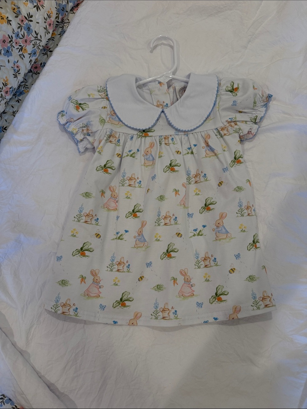 White Bunny-Print Peter Collar Dress for Kids